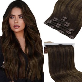 Sunny Hair Clip in Hair Extensions Human Hair 140g Large Weight Hair Extensions for Women Clip in Hair Extensions Thick Human Hair Clip in Extensions 7pcs 18 inch Darkest Brown with Medium Brown