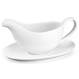 Yedio 18 oz Gravy Boat with Saucer, Large White Ceramic Gravy Boat for Thanksgiving Christmas, Boat and Tray for Turkey Beef Sauce, Salad Dressing, Creamer, Milk, Broth,Microwave and Dishwasher Safe