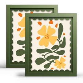 iRahmen 8x10 Picture Frame Set of 2, Green Scalloped Wooden Photo Frames with Wavy Mat, Tempered Glass, for Tabletop Display or Wall Mount, Decorative Home Decor
