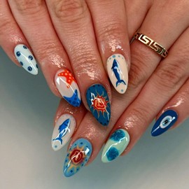 Almond Press on Nails Medium Fake Nails with Designs Starfish Stick on Nail Blue Ocean Acrylic False Nail Glossy Artificial Nail Full Cover Glue on Nails for Women 24Pcs