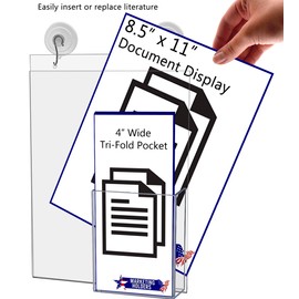 Marketing Holders 8.5”W x 11”H Document Holder with Tri Fold Pocket Double Sided Suction Cups Window Glass Mount Sign Hooks Maps Menus Store Office Organizer Handout Brochure Office Hours Notices