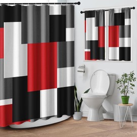 Culudea Geometric Red White Shower Curtain Set with Window Curtain, Black and Gray Modern Bathroom Window Curtain with Waterproof Shower Curtain Set for Bathroom Decor