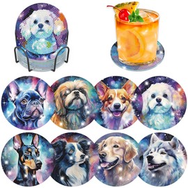 BOWETILE 8PCS Dog Diamond Art Painting Coasters Kit with Holder, Starry Night Dog Diamond Art Kits for Adults, DIY Funny Drinks Coasters with Cork, Arts and Crafts Kits for Home Table Decor