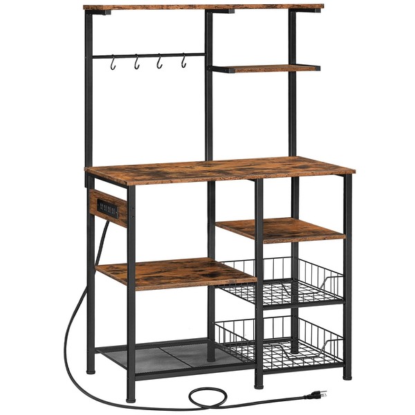 HOOBRO Large Bakers Rack with Power Outlets, 6-Tier Microwave Stand with 4 Hooks, Coffee Bar, Kitchen Shelf with Wire Basket, for Kitchen, Living Room, Office, Rustic Brown and Black BF64UHB01