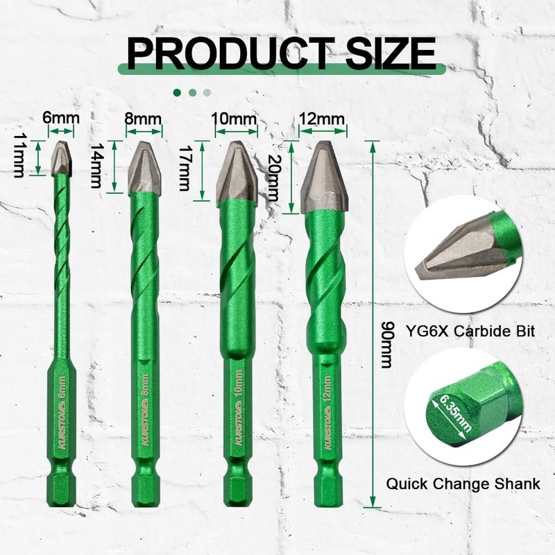 KURSTOL Skewed Head Eccentric Drill Bit - 10pcs 6/6/8/10/12mm Masonry