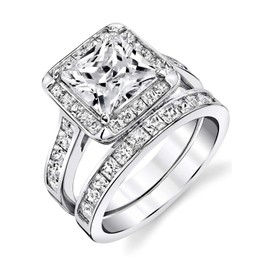Metal Masters Co. Women's Sterling Silver 925 Bridal Set Engagement Rings 2.5 Carat Princess Cut Cubic Zirconia 5-9