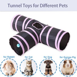 Cat Tunnel & Interactive Cat Toy Indoor, Collapsible Interactive Peekaboo Cave with Play Ball, Tunnel Toys for Multi-Way Play & Small Animals, Pink/T-3 Way