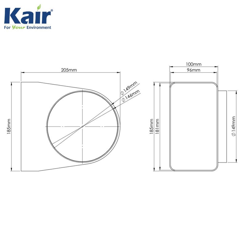 Kair Elbow Bend Adaptor 180mm x 90mm to 150mm -