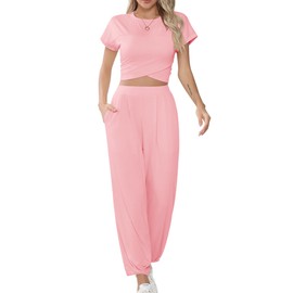Missufe Women's Crop Top and Jogging Bottoms Tracksuit Lounge Sports Suit Leisure Suit 2 Piece Outfit with Pockets, pink, M