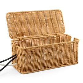 Cable Management Box, Handwoven Rattan Cord Organizer Box with Lid, 2 Open Slots Cords Hider Box Under Desk Cord Organizer, Power Strip Cover Box for Computer Router USB Hub & Power Strip