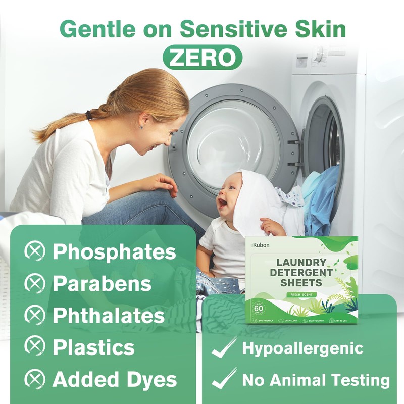 iKubon Laundry Detergent Sheets, No Plastic, Hypoallergenic Laundry sheets, Eco-Strip