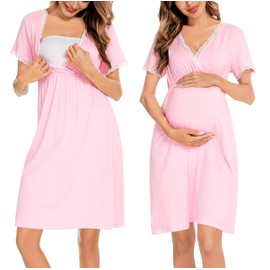 SWOMOG Womens Delivery/Labor/Maternity/Nursing Nightgown Pregnancy Gown for Hospital Breastfeeding Dress Pink