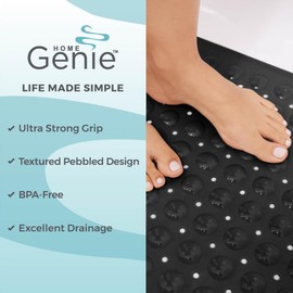 Home Genie Shower and Bathtub Mat, Ultra Strong Grip Long Bath Tub Floor Mats with Suction Cup Grips and Drainage Holes, Textured and BPA Free, 31x15 Washable Bathroom Spa Accessories, Opaque Black