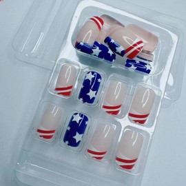 American Independence Day Star Press on Nails Short Length Square Fake Nails 4th of July Red White Five-pointed Stars Design Glossy Acrylic Glue on Nails Kit Reusable False Nails French Tip 24Pcs