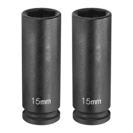HARFINGTON 2pcs Deep Impact Socket 3/8" Square Drive by 15mm Metric 6 Point Socket 65mm (2.56") Long CR-MO Steel Industrial Grade Flip Socket for Home Auto Hex Nuts Bolts Repair, Black