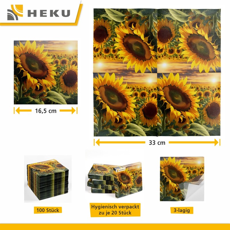 HEKU 100 napkins, 3-ply, 33 x 33 cm, sunflowers, absorbent