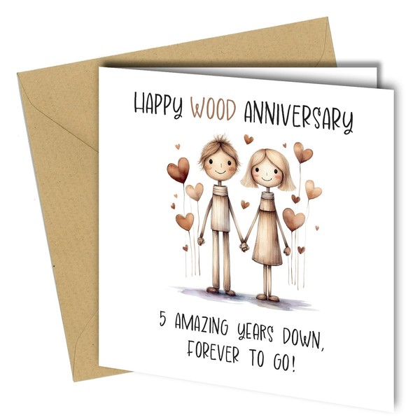 Funny 5th Anniversary Card, Unique Design, 'Happy Wood Anniversary' 5