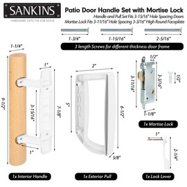 Sliding Patio Door Handle Set with Mortise Lock, Replacement Oak Wood Flush Handle & Exterior Pull in Diecast for Sliding Glass Door, Fits 3-15/16” Hole Spacing, Mortise Lock 45°, Non-Keyed, White
