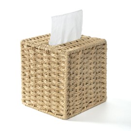 AELS Farmhouse Tissue Box Cover Square, Hand Woven Strawpaper Facial Tissue Paper Holder, Cute Tissue Box Holder Square, Boho Bathroom Decor Box for Tissues Cube Box w/Elastic Bottom, Beige