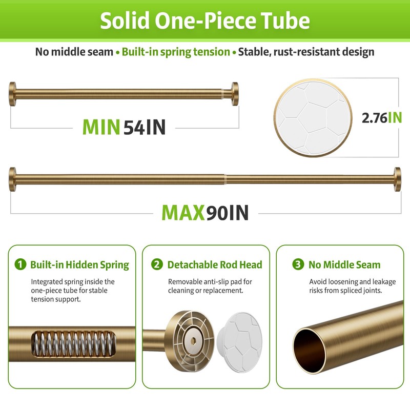 One-Piece Tension Curtain Rod 54-90 inch Brushed Gold Shower Curtain