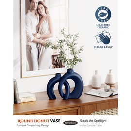 Blue Vase Set of 2 - Donut Navy Vases Home Decor, Modern Coastal Decor - Decorative Vase, Ceramic Decorations for Living Room Coffee Table Bookshelf Shelf Console Mantle (Matte Navy Blue)