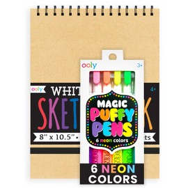 Ooly Puffy Paint Neon Gel Pens Set of 6 & Sketchbook Bundle, 3D Foam Texture Painting Magic Puffy Pen, Creative and Fun Pens for Kids Arts and Crafts Drawing Supplies