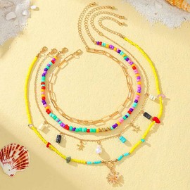 Fashband Boho Starfish Necklace Colorful Beaded Seashell Necklaces Beach Necklace Chains for Women (G)