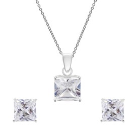 Silverly Women's 925 Sterling Silver Cubic Zirconia Square Stud Earrings Pendant Necklace Set, 18"