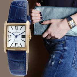 Peugeot - Reloj de vestir para mujer chapado en oro de 14 quilates, cuero, Azul