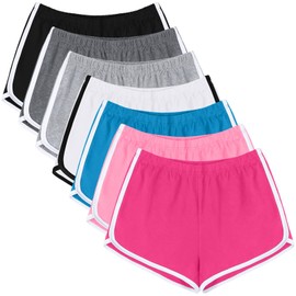 URATOT - Paquete de 7 pantalones cortos deportivos de algodón para verano, yoga, danza, transpirables, para entrenamiento, correr, pantalones cortos de delfín para mujer, Blanco roto,rosa claro, azul