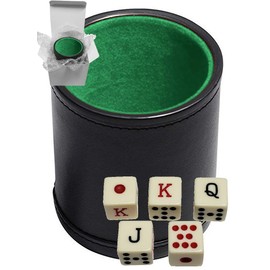 Set of 16mm Poker Dice Squared Corners and Black PU Leather Dice Cup Plush Velvet Lined - Gift Boxed (Spanish Poker (Ivory), Black/Green Cup)