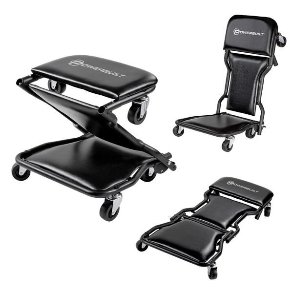 Powerbuilt 42-Inch Triplex Folding Creeper, Rolling Seat, and Brake Stool, All-in-One Adjustable Roller Garage Chair, Lay Down or Sit, Black 620469