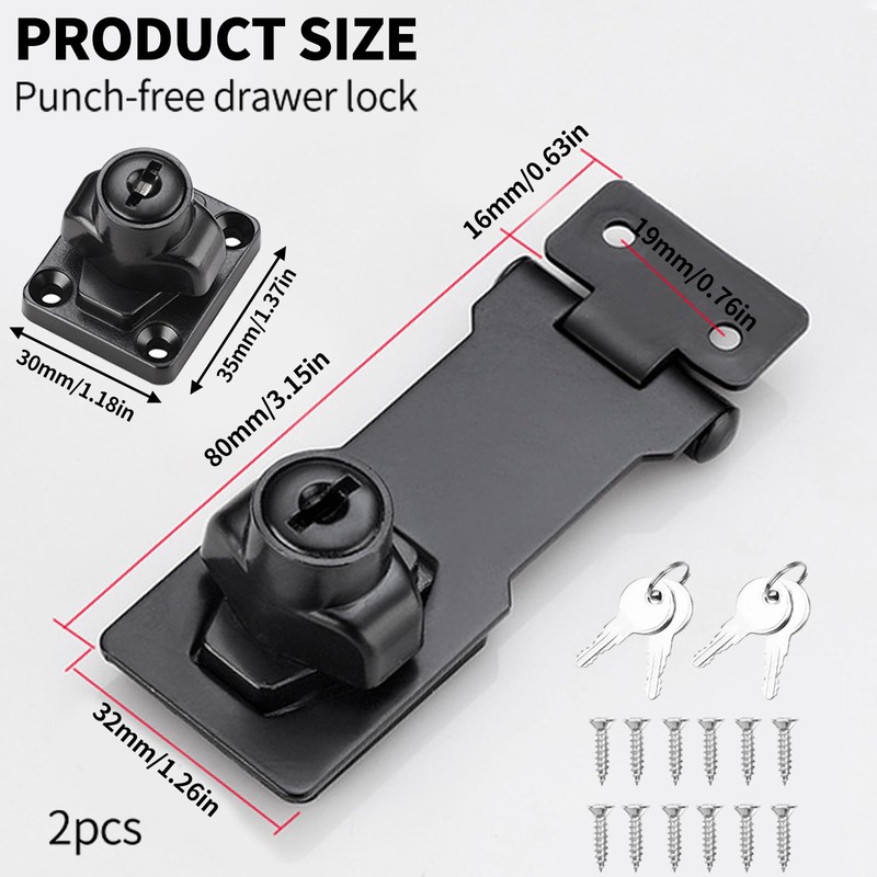 Pack of 2 Security Hasp, Cabinet Lock with Key, 3