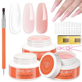 modelones Builder Nail Gel 3 Colors French Tip, 10-in-One Builder Clear Nude Pink Hard Gel Nail Kit with Dual End Brush, Acrylic Clamps, Paper Forms for Extension Apex Building Sculpting LED Cured