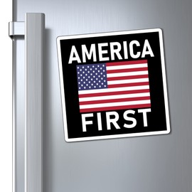America First Magnet. Multiple Sizes to Fit a Small Space to a Car Bumper. Made in USA. Black Background.