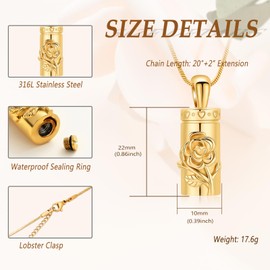 Minicremation Rose Flower Urn Necklace for Ashes Stainless Steel Cylinder Vial Urn Necklace for Women Men Ashes Necklace Memorial Keepsake Jewelry Gifts