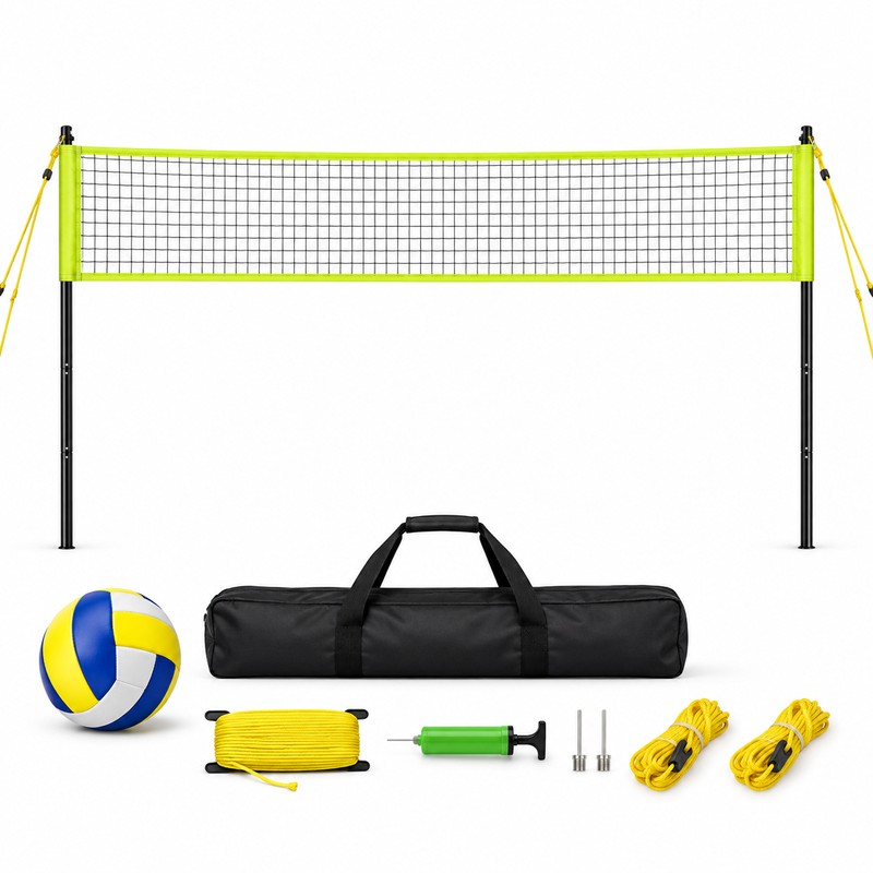 Adjustable Outdoor Volleyball Net System with Steel Poles, Ball, Pump,