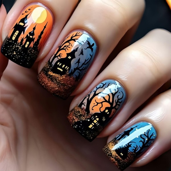 Halloween Press on Nails Short Square Fake Nails Gradient Glossy