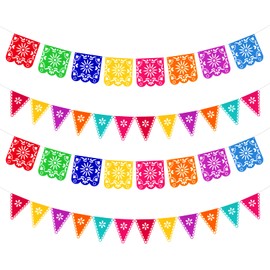 Qpout 4 Pieces Day of The Dead Banners, Colorful Mexican Papel Picado Banner Fiesta Party Decorations, Cinco de Mayo Party Decorations, Dia De Los Muertos Indoor Outdoor Decor