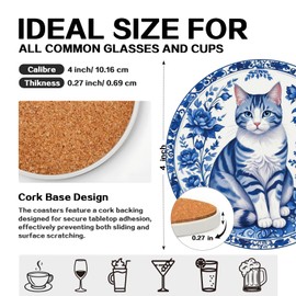 zcyhtqp, Funny Absorbent Round Ceramic Stone Coasters Set of 4 with Cork Base, Chinoiserie Cat Coasters, Gifts for Home, Kitchen, Bar, Office Table Décor