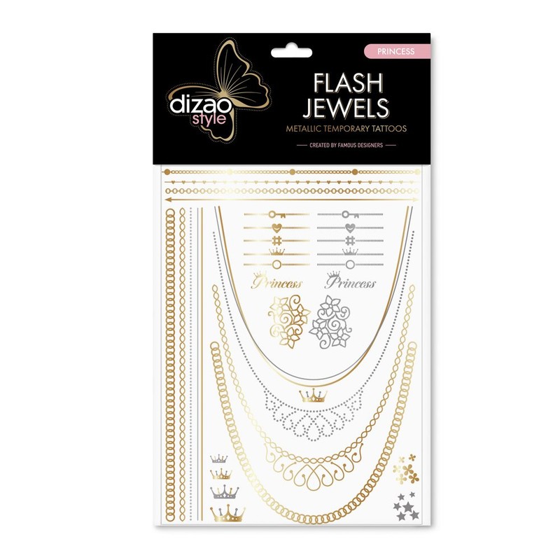Dizao Gold Tattoo. PRINCESS. Flash Jewels. Metallic Temporary Gold Silver