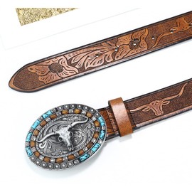 FGSS Western-Cowboy-Leather-Belts for Women Turquoise-Oval-Buckle Embossed Cowgirl Belt for Jeans Pants