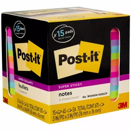 Post-it Notes 654-15SSCP Super Sticky, Assorted Bright Colors 3x3" Pk of 15 Pads