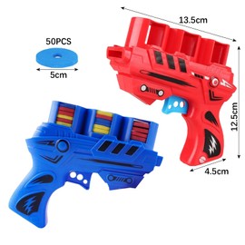 2PCS Foam DiscLauncher, Disc Launcher, Continuous Shooting Flying Disc Launcher, Soft Gun and 50 Flying Discs for Children to Play Outdoors (Red and Blue)