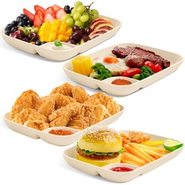 Rtteri 4 Pcs Chip and Dip Serving Platter Set Large Plastic Divided Party Tray Snack Plates 9.84 x 7.28 x 1.26 Inches Reusable Serving Platter Dumpling Plate with Sauce Compartment for Buffet Parties