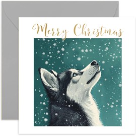 Siberian Huskey Dog Christmas Card for Men and Women - Xmas Gifs for Pet Owner from Dog - Beautiful Festive Artwork - Keepsake Present for Husband Wife Mum Dad - Blank Inside with Envelope