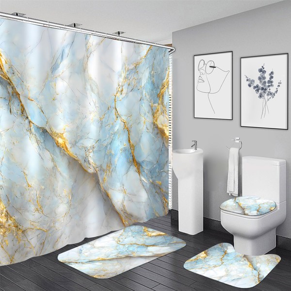 Nkzply 4 Pcs Blue Marble Shower Curtain Set White Bathroom