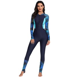 Women's Swimming Suit Long Sleeve Rash Guard Wetsuit Full Body Swimsuit Wet Suits for Women in Cold Water Surfing Womens Bathing Suit for Snorkeling Water Sports Navy Blue Cyan 2XL