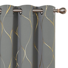 Deconovo Gold Wave Print Blackout Curtains for Bedroom, Thermal Insulated Curtains for Living Room, Room Darkening Drapes (Light Grey/Wave, 42x84 Inch, 2 Panels)