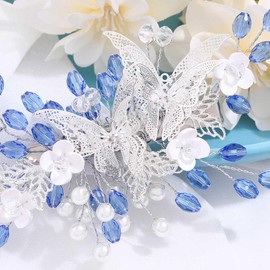 IYOU Butterfly Bridal Hair Clips Blue Crystal Barrette Wedding Side Combs Leaf Pearl Bride Headpiece Prom Guest Hair Accessories for Women
